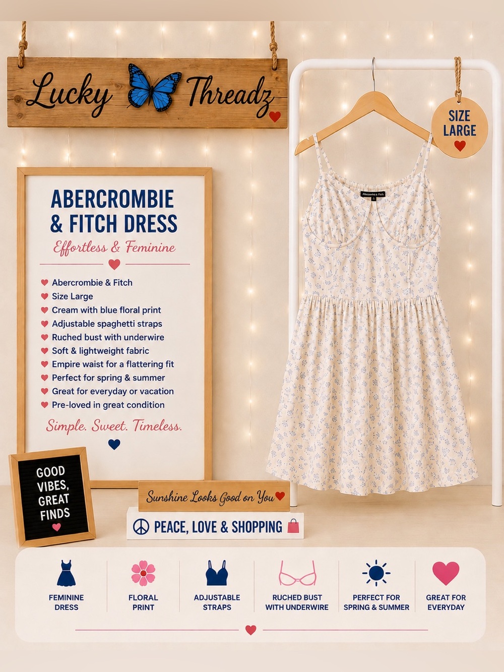 Abercrombie & Fitch floral mini dress. Women’s size Large Cream w/ Blue flowers